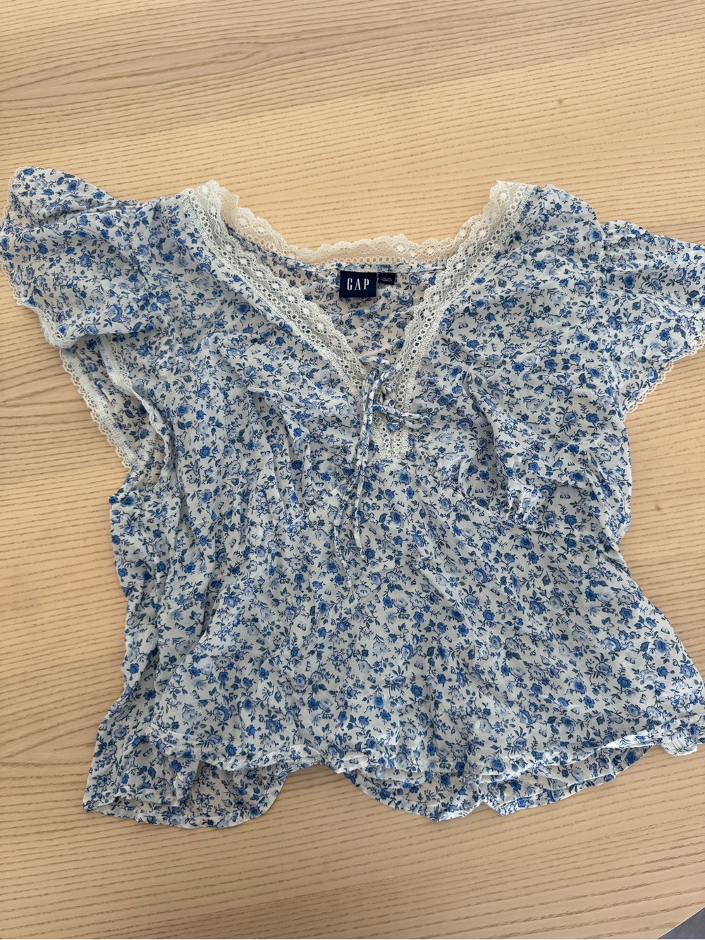 GAP Blue and White Floral Lace-Trim Blouse